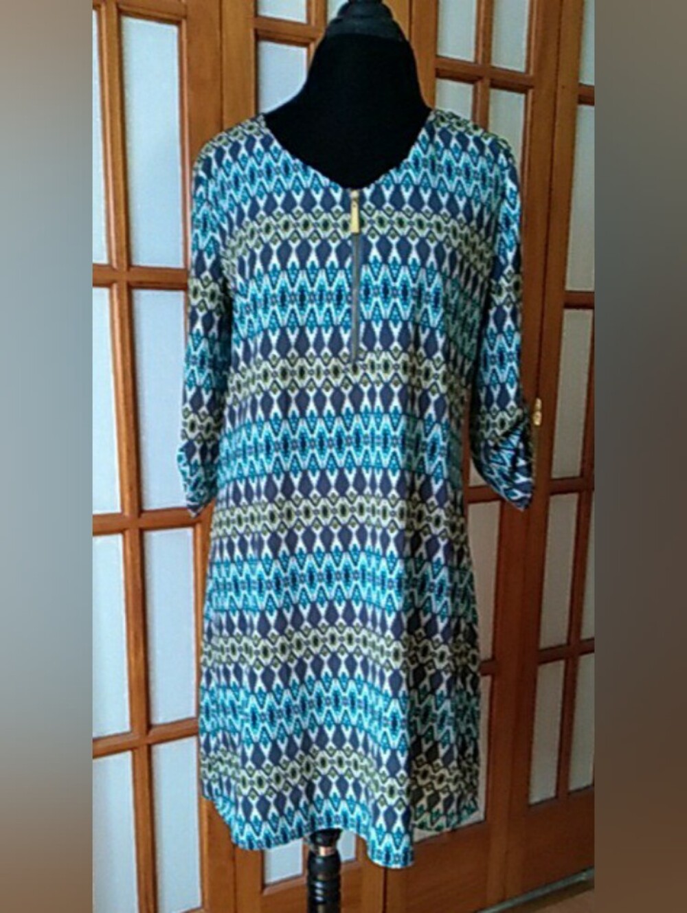Women's Geometric Boho Shift Dress By Tacera Zipper Detail Sz M